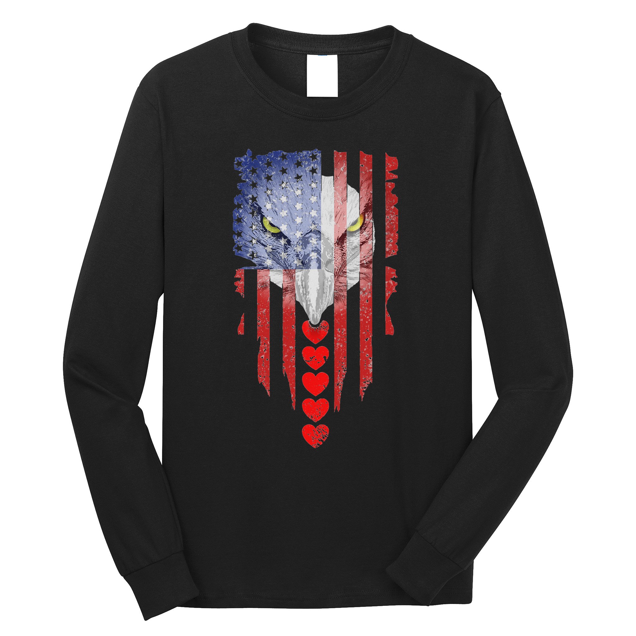 American Flag Hearts Bald Eagle Patriotic Vintage Usa Long Sleeve Shirt