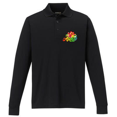 Aloha Flowers Hawaiian Funny Hawaii Beach Luau Party Performance Long Sleeve Polo