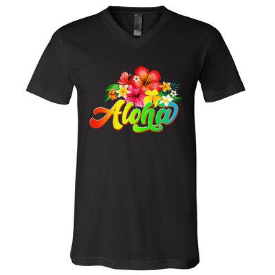 Aloha Flowers Hawaiian Funny Hawaii Beach Luau Party V-Neck T-Shirt