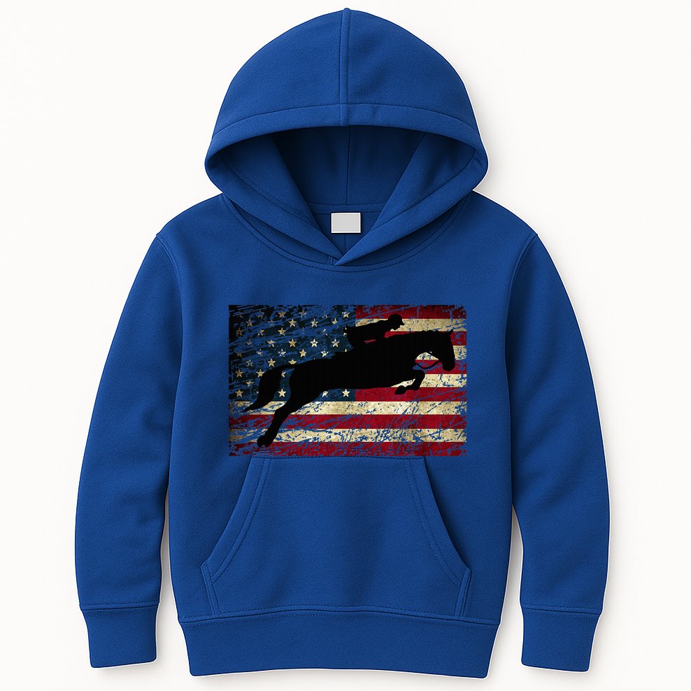 American Flag Horse Riding Show Jumping Kids Hoodie