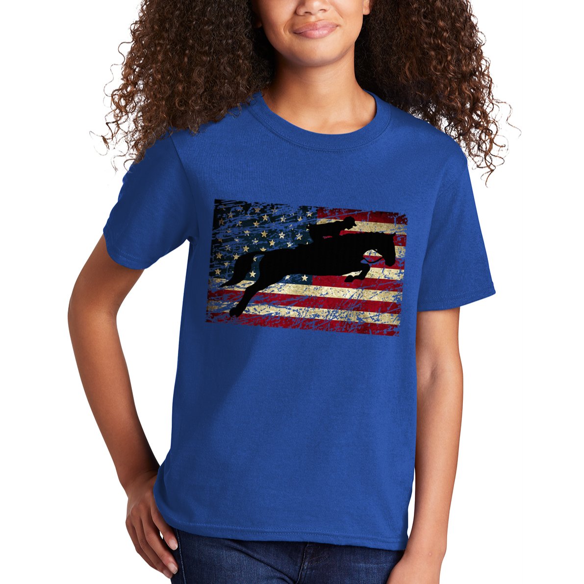 American Flag Horse Riding Show Jumping Kids T-Shirt