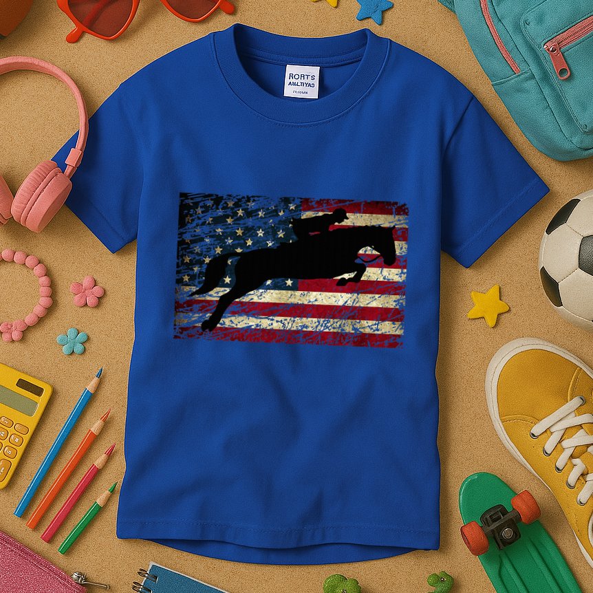 American Flag Horse Riding Show Jumping Kids T-Shirt