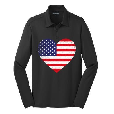 American Flag Heart 4th Of July USA Love Patriotic Pride Silk Touch Performance Long Sleeve Polo