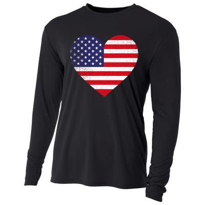 American Flag Heart 4th Of July USA Love Patriotic Pride Cooling Performance Long Sleeve Crew