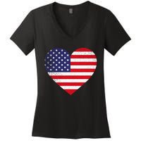 American Flag Heart 4th Of July USA Love Patriotic Pride Women's V-Neck T-Shirt