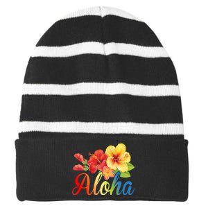 Aloha Floral Hawaiian Tropical Striped Beanie with Solid Band