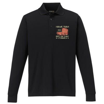 American Flag Hawk Tuah 24 Spit On That Thang Performance Long Sleeve Polo