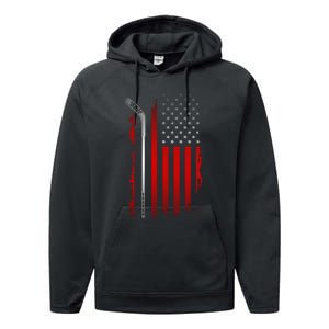 American Flag Hockey Apparel Gift Hockey Funny Gift Performance Fleece Hoodie