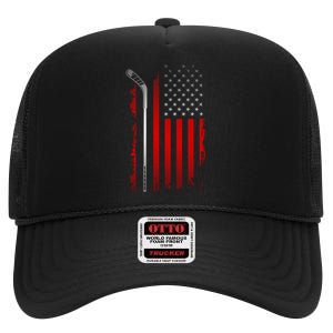 American Flag Hockey Apparel Gift Hockey Funny Gift High Crown Mesh Back Trucker Hat