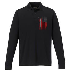 American Flag Hockey Apparel Gift Hockey Funny Gift Performance Long Sleeve Polo