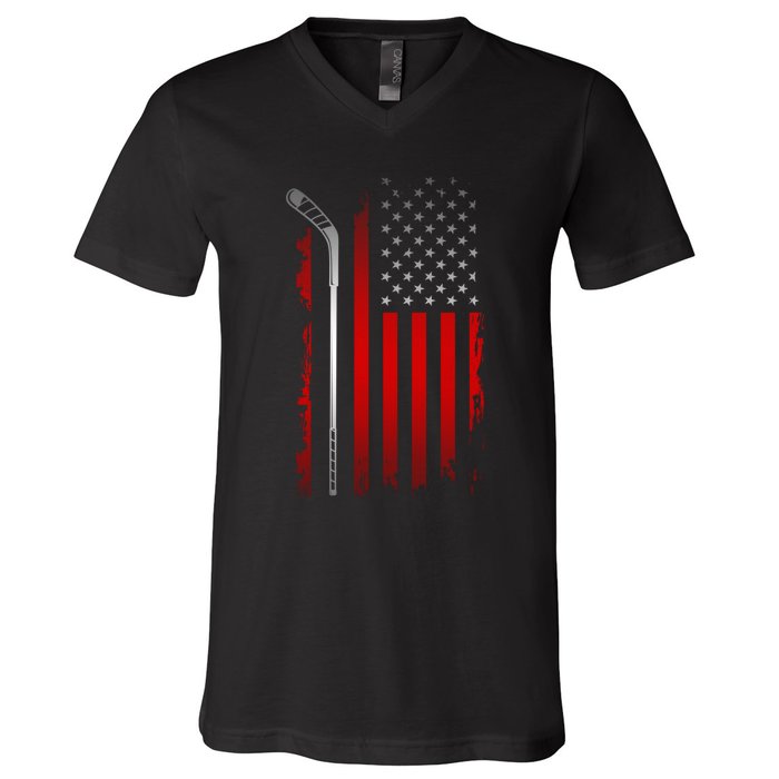 American Flag Hockey Apparel Gift Hockey Funny Gift V-Neck T-Shirt