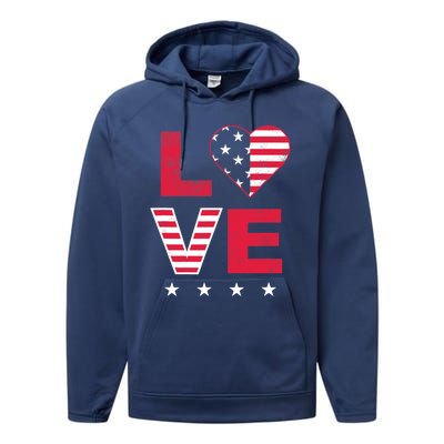 American Flag Heart Red White Blue Cute 4th of July Top Performance Fleece Hoodie