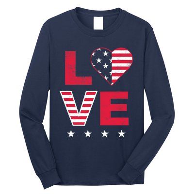 American Flag Heart Red White Blue Cute 4th of July Top Long Sleeve Shirt