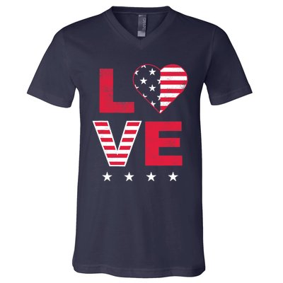 American Flag Heart Red White Blue Cute 4th of July Top V-Neck T-Shirt