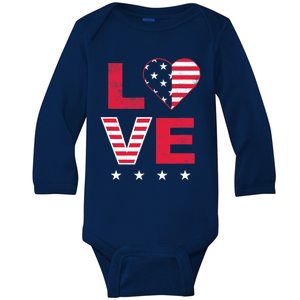 American Flag Heart Red White Blue Cute 4th of July Top Baby Long Sleeve Bodysuit