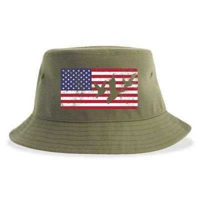 American Flag Hunting Geese Duck Gift 4th Of July Cool Gift Sustainable Bucket Hat