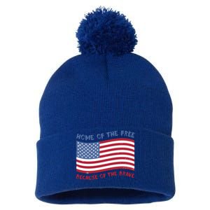 American Flag Home Of The Free Because Of The Brave Gift Pom Pom 12in Knit Beanie