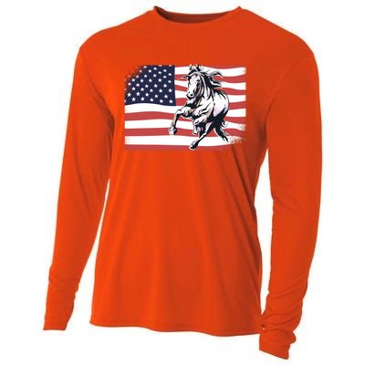 American Flag Horse 4th Of July Patrioticic Meaningful Gift Cooling Performance Long Sleeve Crew