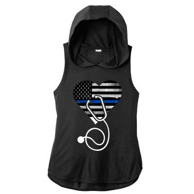 American Flag Heart With Police Thin Blue Line Nurse Rn Lvn Ladies PosiCharge Tri-Blend Wicking Draft Hoodie Tank