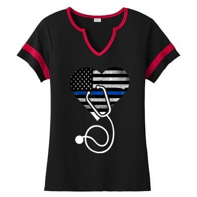 American Flag Heart With Police Thin Blue Line Nurse Rn Lvn Ladies Halftime Notch Neck Tee