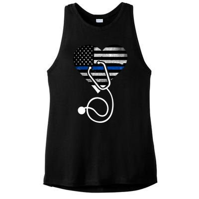 American Flag Heart With Police Thin Blue Line Nurse Rn Lvn Ladies PosiCharge Tri-Blend Wicking Tank