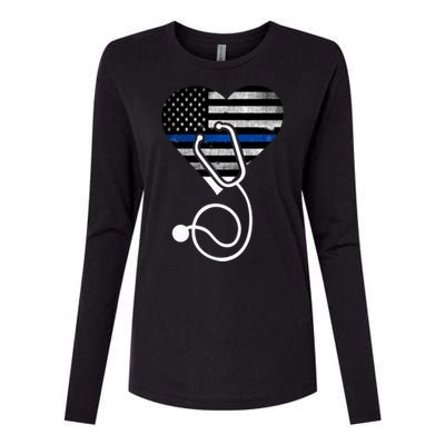 American Flag Heart With Police Thin Blue Line Nurse Rn Lvn Womens Cotton Relaxed Long Sleeve T-Shirt