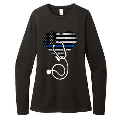 American Flag Heart With Police Thin Blue Line Nurse Rn Lvn Womens CVC Long Sleeve Shirt