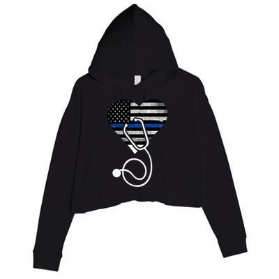 American Flag Heart With Police Thin Blue Line Nurse Rn Lvn Crop Fleece Hoodie