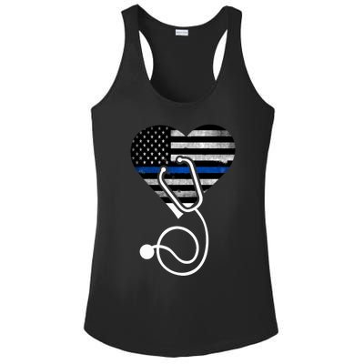 American Flag Heart With Police Thin Blue Line Nurse Rn Lvn Ladies PosiCharge Competitor Racerback Tank