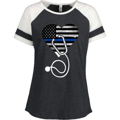 American Flag Heart With Police Thin Blue Line Nurse Rn Lvn Enza Ladies Jersey Colorblock Tee