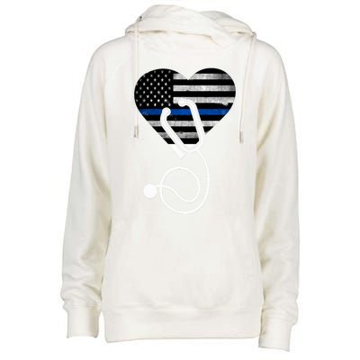 American Flag Heart With Police Thin Blue Line Nurse Rn Lvn Womens Funnel Neck Pullover Hood