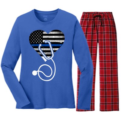 American Flag Heart With Police Thin Blue Line Nurse Rn Lvn Women's Long Sleeve Flannel Pajama Set 