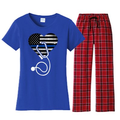 American Flag Heart With Police Thin Blue Line Nurse Rn Lvn Women's Flannel Pajama Set