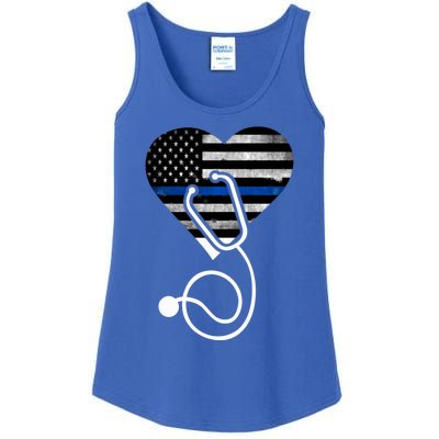 American Flag Heart With Police Thin Blue Line Nurse Rn Lvn Ladies Essential Tank