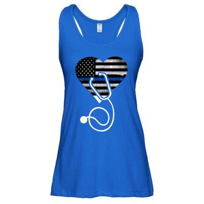 American Flag Heart With Police Thin Blue Line Nurse Rn Lvn Ladies Essential Flowy Tank