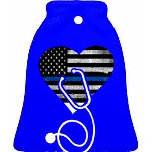 American Flag Heart With Police Thin Blue Line Nurse Rn Lvn Ceramic Bell Ornament