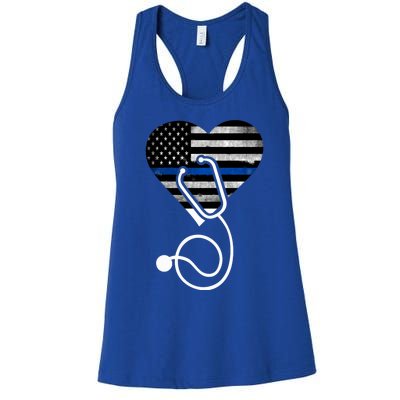 American Flag Heart With Police Thin Blue Line Nurse Rn Lvn Women's Racerback Tank