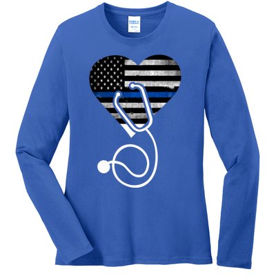 American Flag Heart With Police Thin Blue Line Nurse Rn Lvn Ladies Long Sleeve Shirt