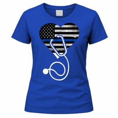 American Flag Heart With Police Thin Blue Line Nurse Rn Lvn Women's T-Shirt