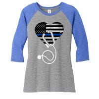 American Flag Heart With Police Thin Blue Line Nurse Rn Lvn Women's Tri-Blend 3/4-Sleeve Raglan Shirt