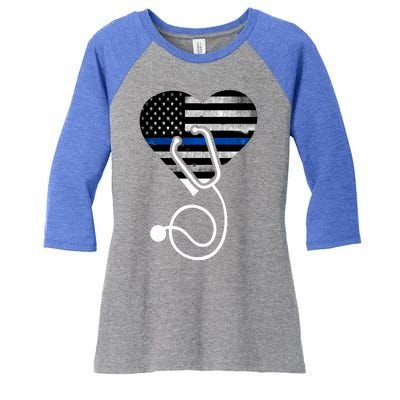 American Flag Heart With Police Thin Blue Line Nurse Rn Lvn Women's Tri-Blend 3/4-Sleeve Raglan Shirt