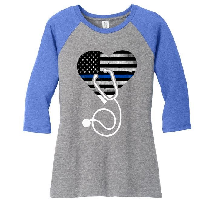 American Flag Heart With Police Thin Blue Line Nurse Rn Lvn Women's Tri-Blend 3/4-Sleeve Raglan Shirt