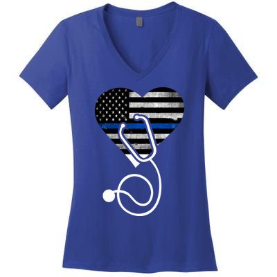 American Flag Heart With Police Thin Blue Line Nurse Rn Lvn Women's V-Neck T-Shirt