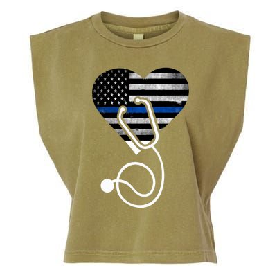 American Flag Heart With Police Thin Blue Line Nurse Rn Lvn Garment-Dyed Women's Muscle Tee