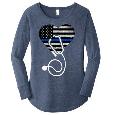 American Flag Heart With Police Thin Blue Line Nurse Rn Lvn Women's Perfect Tri Tunic Long Sleeve Shirt