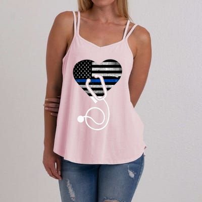 American Flag Heart With Police Thin Blue Line Nurse Rn Lvn Women's Strappy Tank