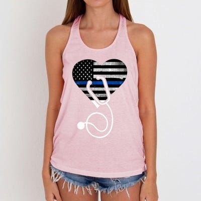 American Flag Heart With Police Thin Blue Line Nurse Rn Lvn Women's Knotted Racerback Tank