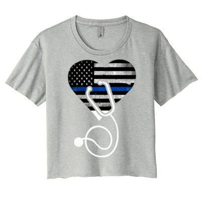 American Flag Heart With Police Thin Blue Line Nurse Rn Lvn Women's Crop Top Tee