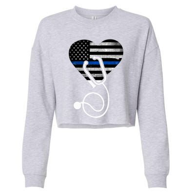 American Flag Heart With Police Thin Blue Line Nurse Rn Lvn Cropped Pullover Crew