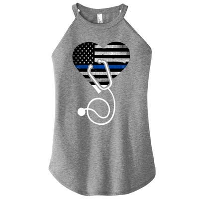 American Flag Heart With Police Thin Blue Line Nurse Rn Lvn Women's Perfect Tri Rocker Tank